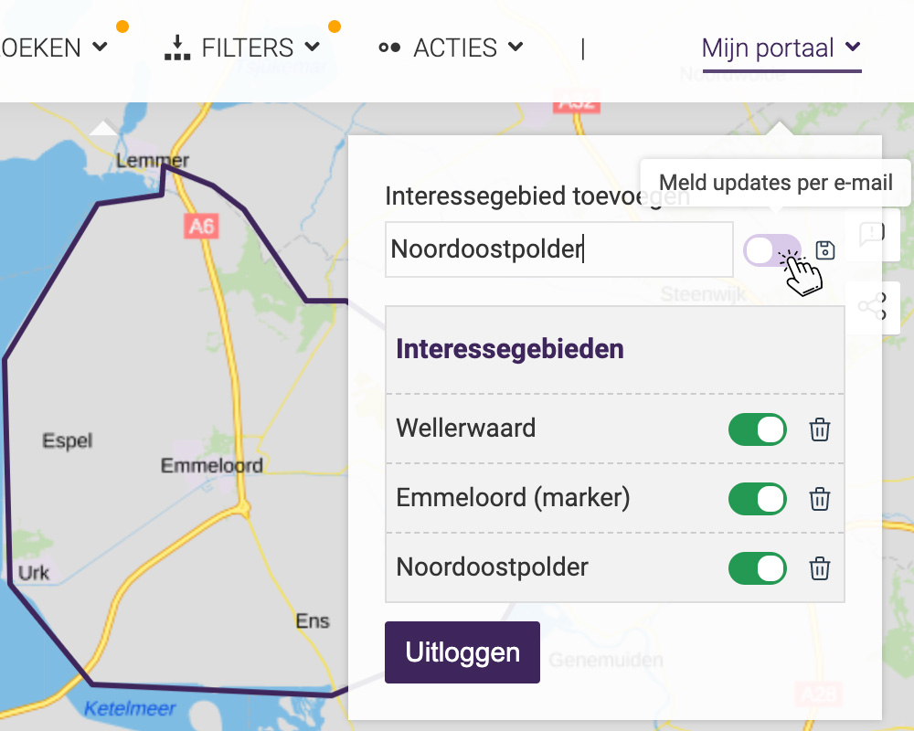 Satellietdataportaal zoekgebied opslaan